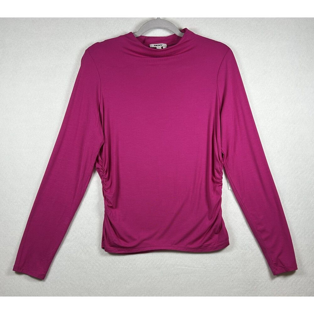 NWT DKNY Magenta Ruched Mock Neck Long Sleeve Top Size L